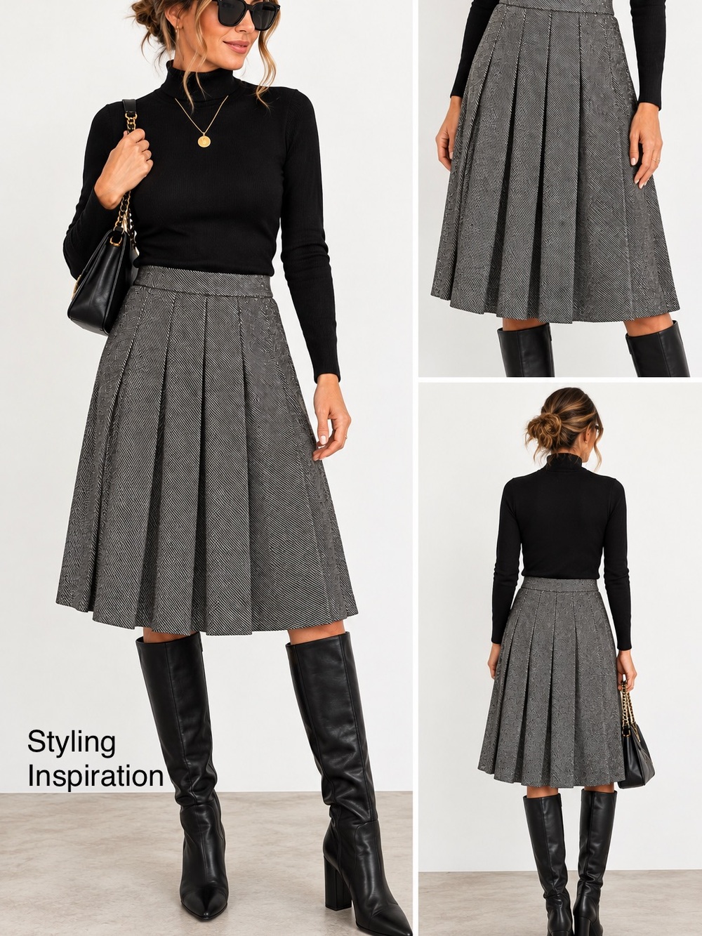 Handmade Black & Ivory Tweed Pleated Midi Skirt, Dropped Yoke, Lined, W28